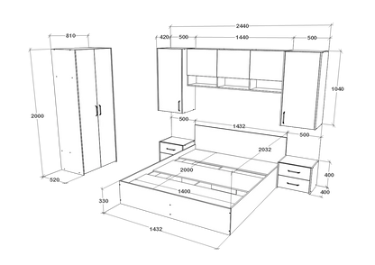 Set dormitor haaus Malmo V17, Pat 200 x 140 cm, Stejar Artisan/Argila