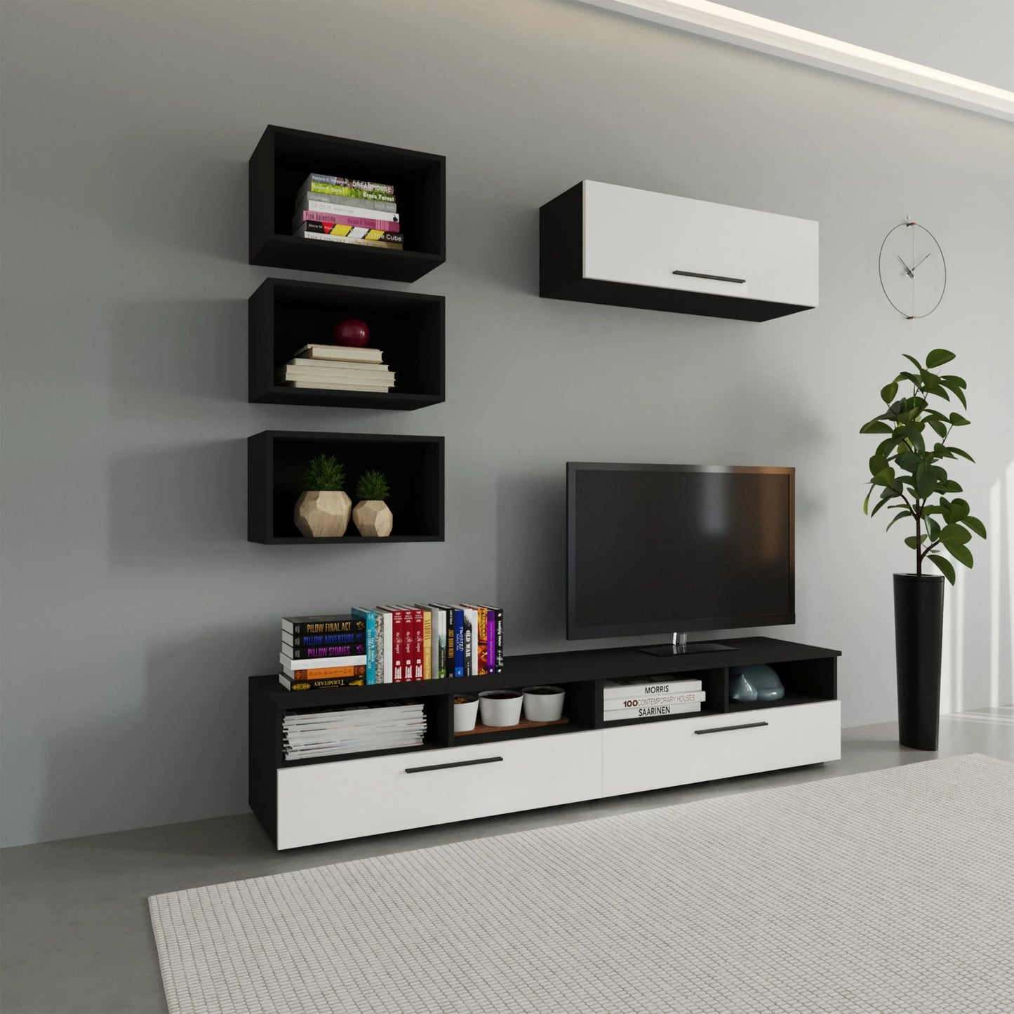 Living Kos haaus V17, Negru/Alb Lucios, MDF, L 190 cm