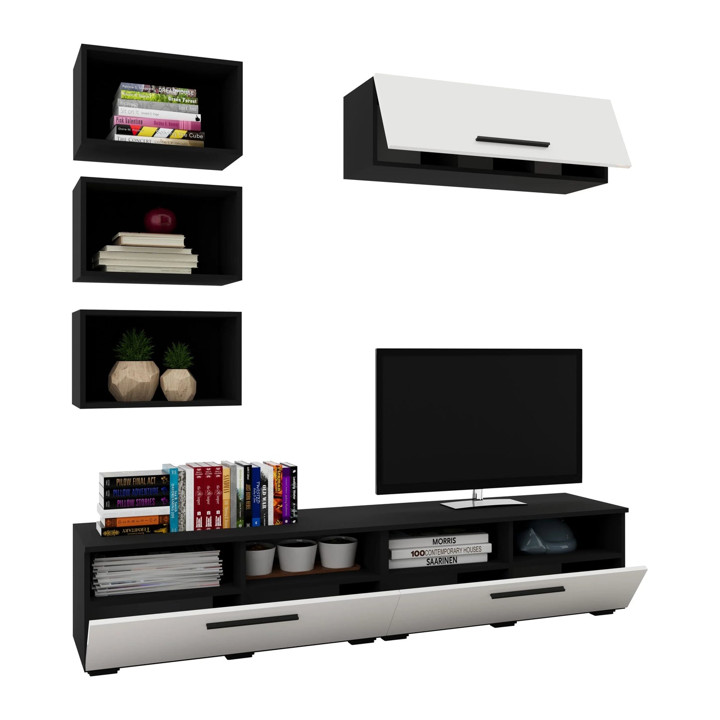 Living Kos haaus V17, Negru/Alb Lucios, MDF, L 190 cm