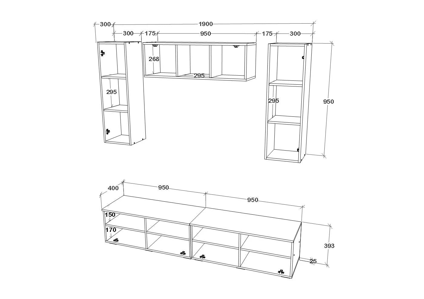 Living Kos haaus V18, Negru/Alb Lucios, MDF, L 190 cm