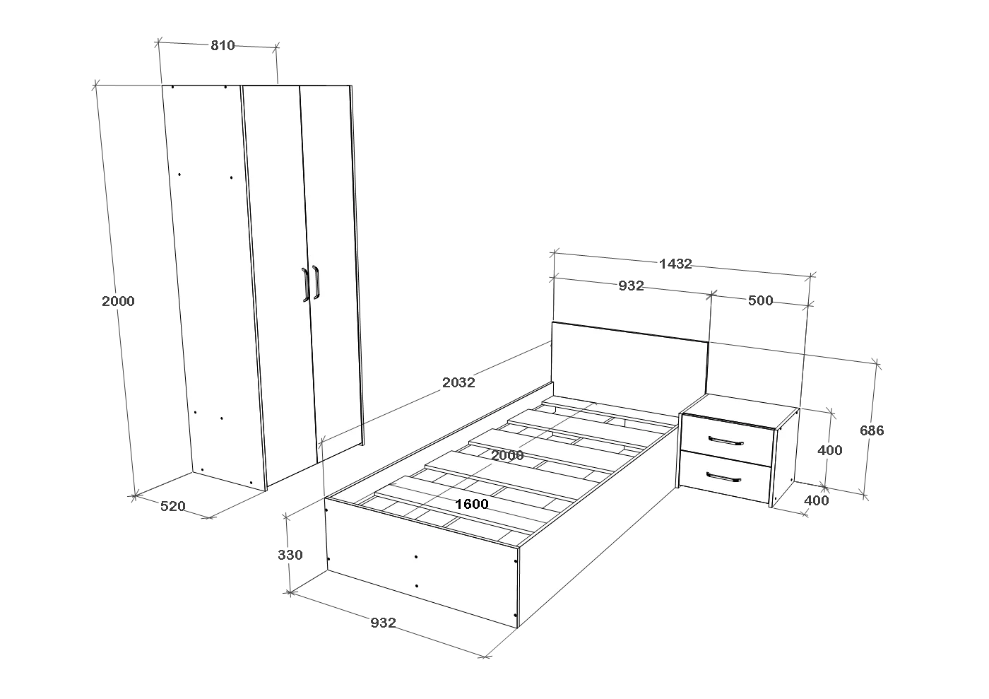 Set dormitor haaus Malmo V18, Pat 200 x 90 cm, Stejar Alb/Antracit