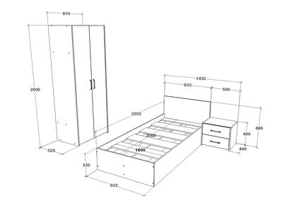 Set dormitor haaus Malmo V18, Pat 200 x 90 cm, Stejar Alb/Antracit