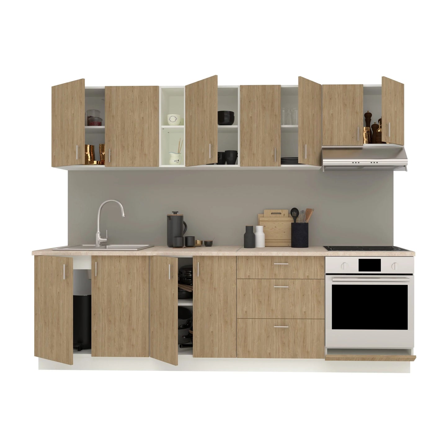 Set Bucatarie haaus Karo V18, Lemn Natural/Alb, Blat Thermo 28 mm, L 260 cm