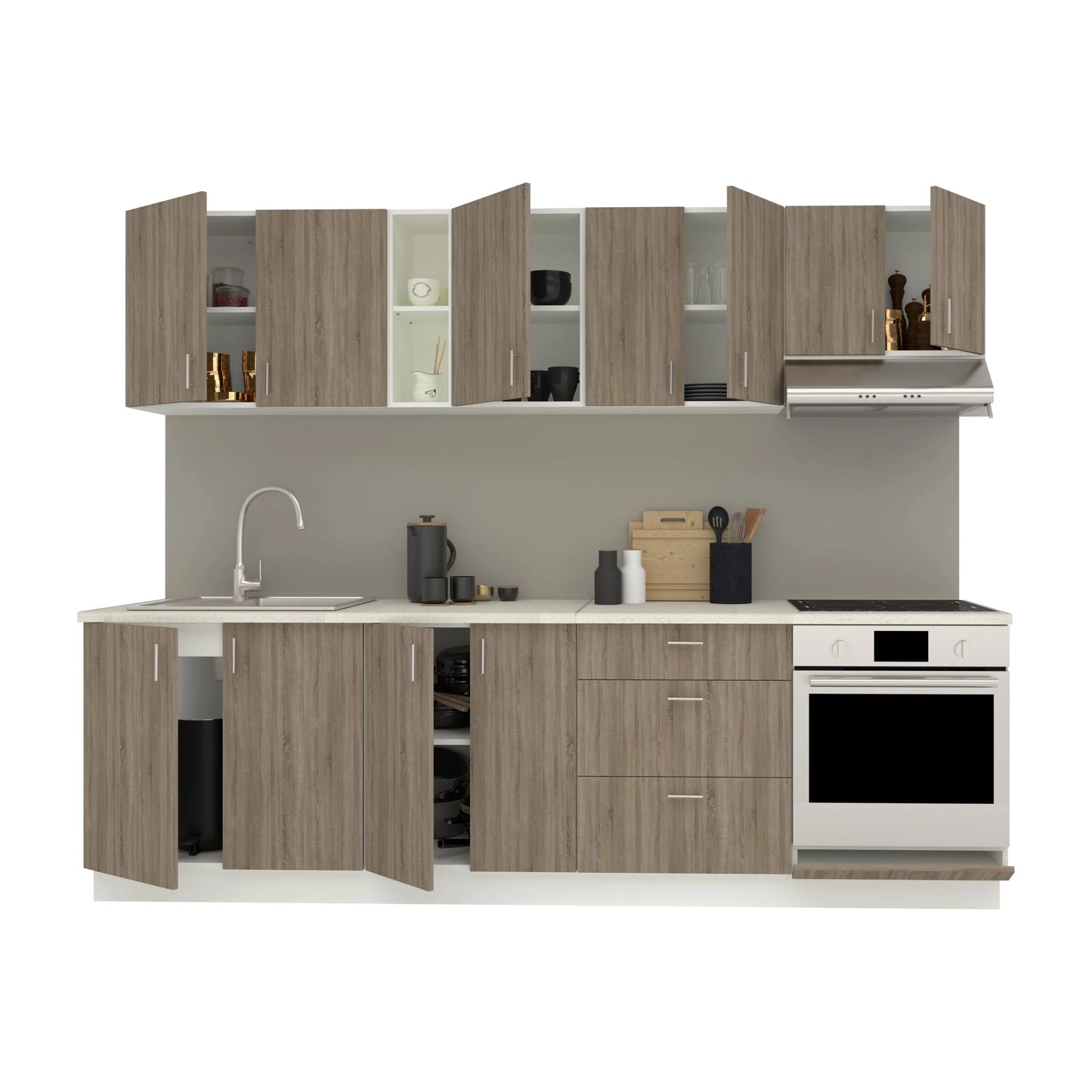 Set Bucatarie haaus Karo V18, Stejar Sonoma Inchis/Alb, Blat Thermo 28 mm, L 260 cm