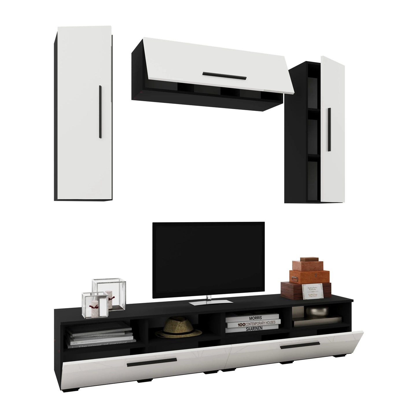 Living Kos haaus V18, Negru/Alb Lucios, MDF, L 190 cm