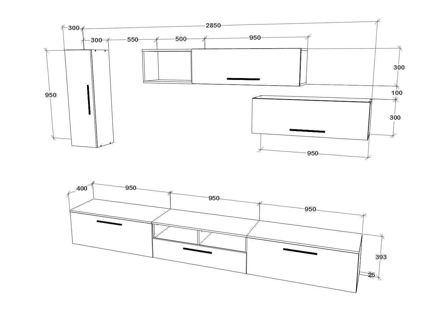 Living Kos haaus V19, Negru/Alb Lucios, MDF, L 285 cm