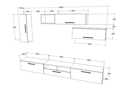Living Kos haaus V19, Negru/Alb Lucios, MDF, L 285 cm