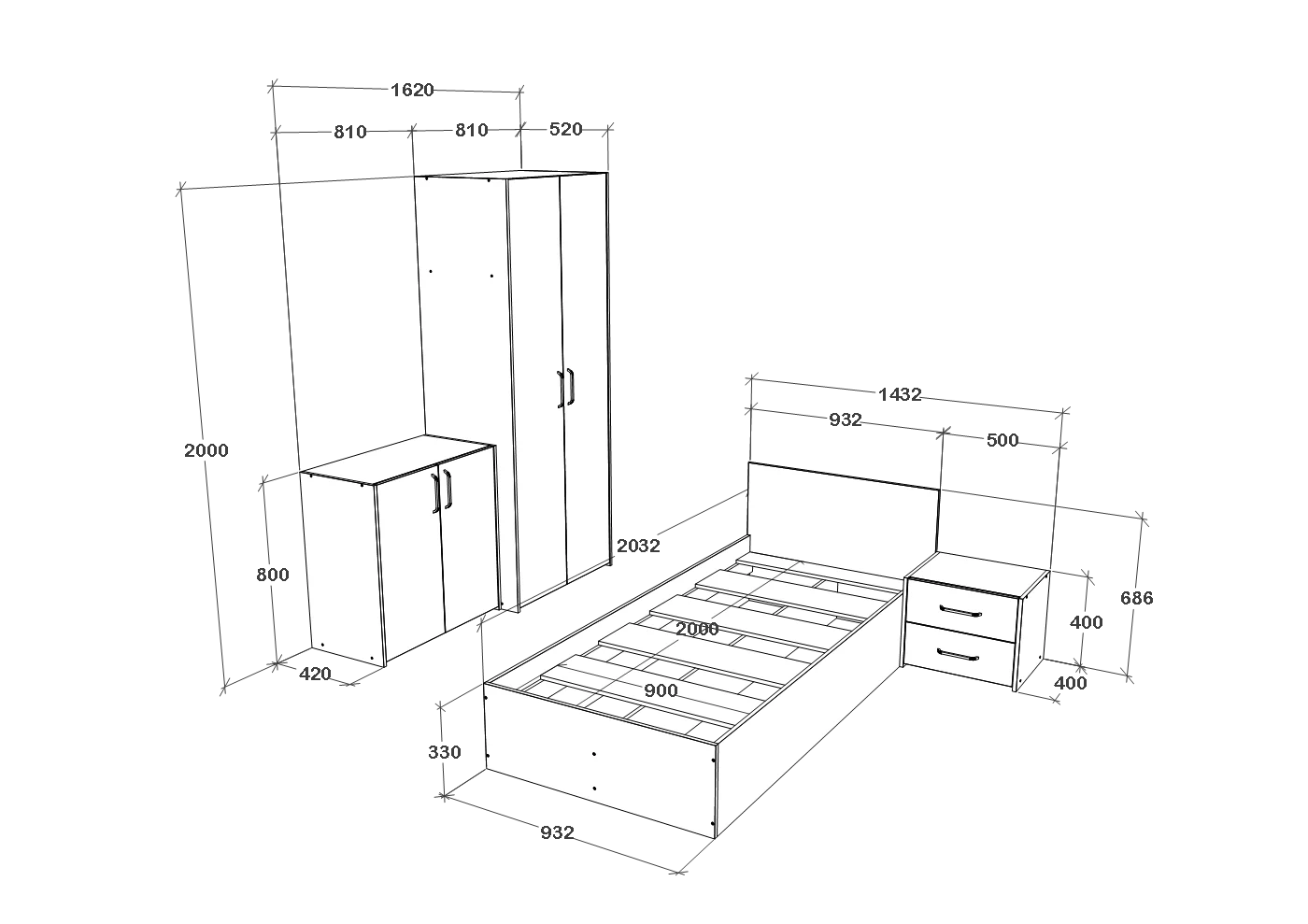 Set dormitor haaus Malmo V19, Pat 200 x 90 cm, Stejar Artisan/Argila