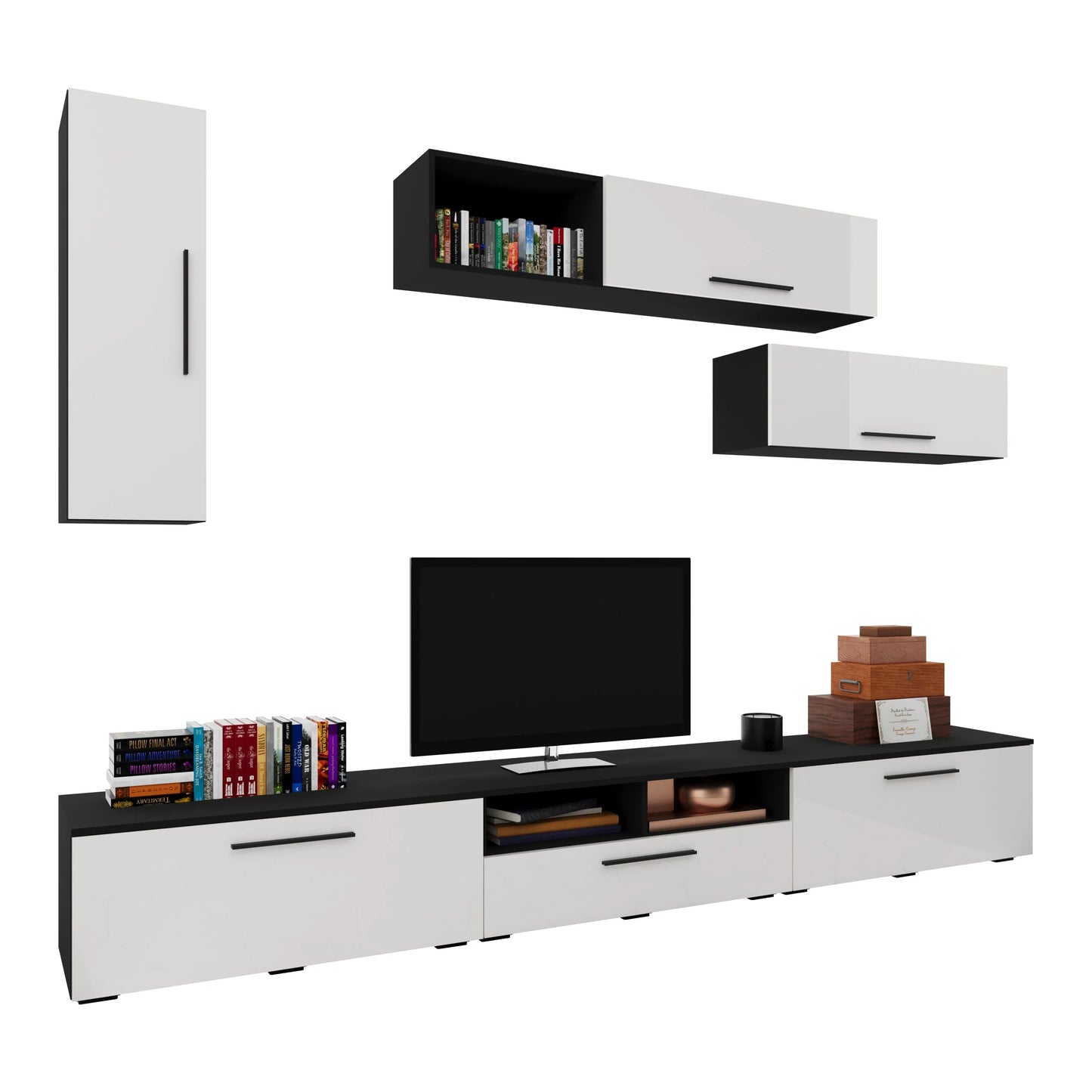 Living Kos haaus V19, Negru/Alb Lucios, MDF, L 285 cm