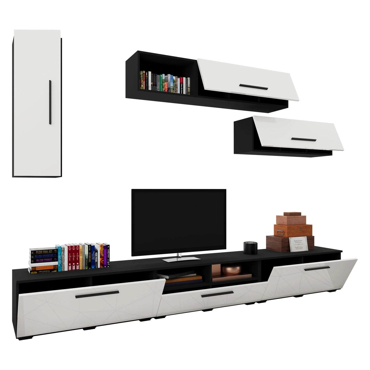 Living Kos haaus V19, Negru/Alb Lucios, MDF, L 285 cm