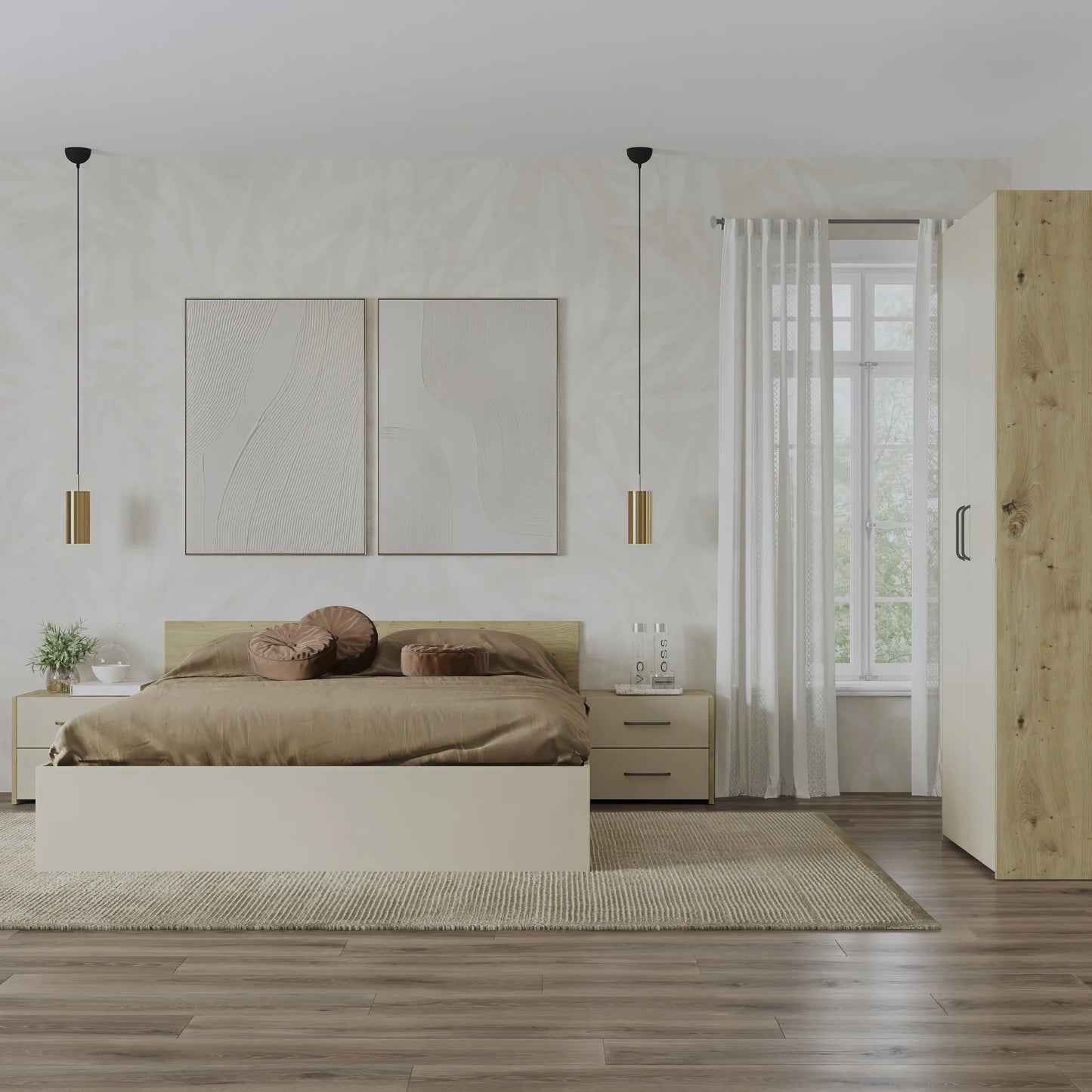 Set dormitor haaus Malmo V16, Pat 200 x 140 cm, Stejar Artisan/Argila