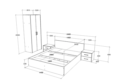 Set dormitor haaus Malmo V1, Pat 200 x 140 cm, Stejar Alb/Antracit