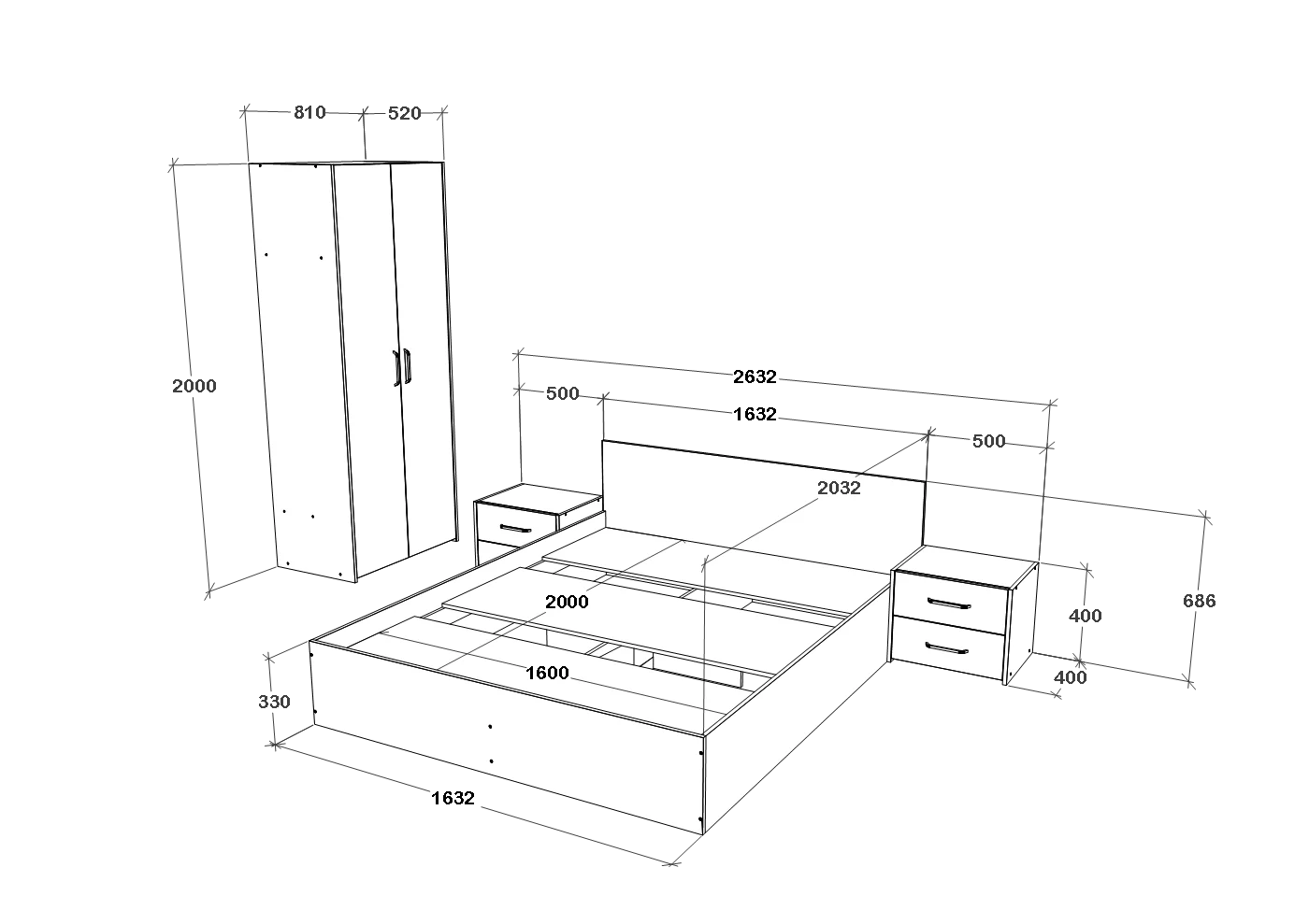 Set dormitor haaus Malmo V1, Pat 200 x 160 cm, Stejar Artisan/Argila