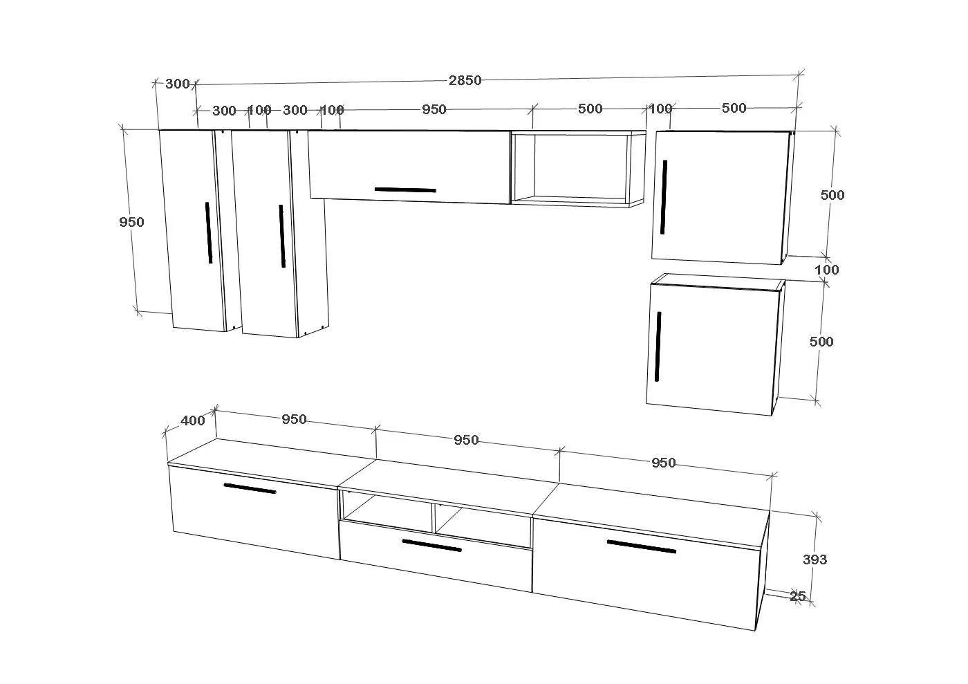 Living Kos haaus V1, Negru/Alb Lucios, MDF, L 285 cm
