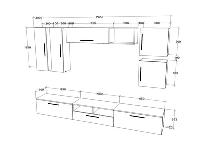 Living Kos haaus V1, Negru/Alb Lucios, MDF, L 285 cm