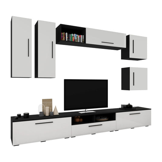 Living Kos haaus V1, Negru/Alb Lucios, MDF, L 285 cm