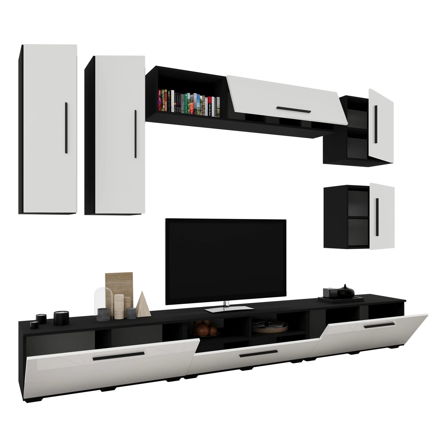 Living Kos haaus V1, Negru/Alb Lucios, MDF, L 285 cm
