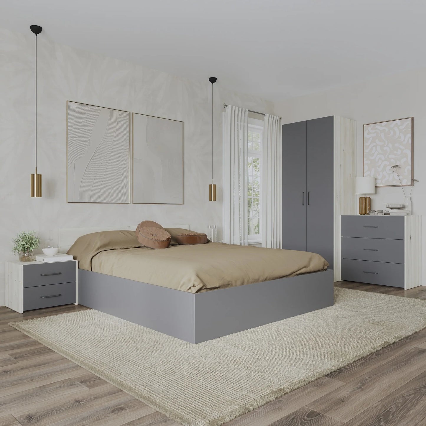 Set dormitor haaus Malmo V2, Pat 200 x 140 cm, Stejar Alb/Antracit