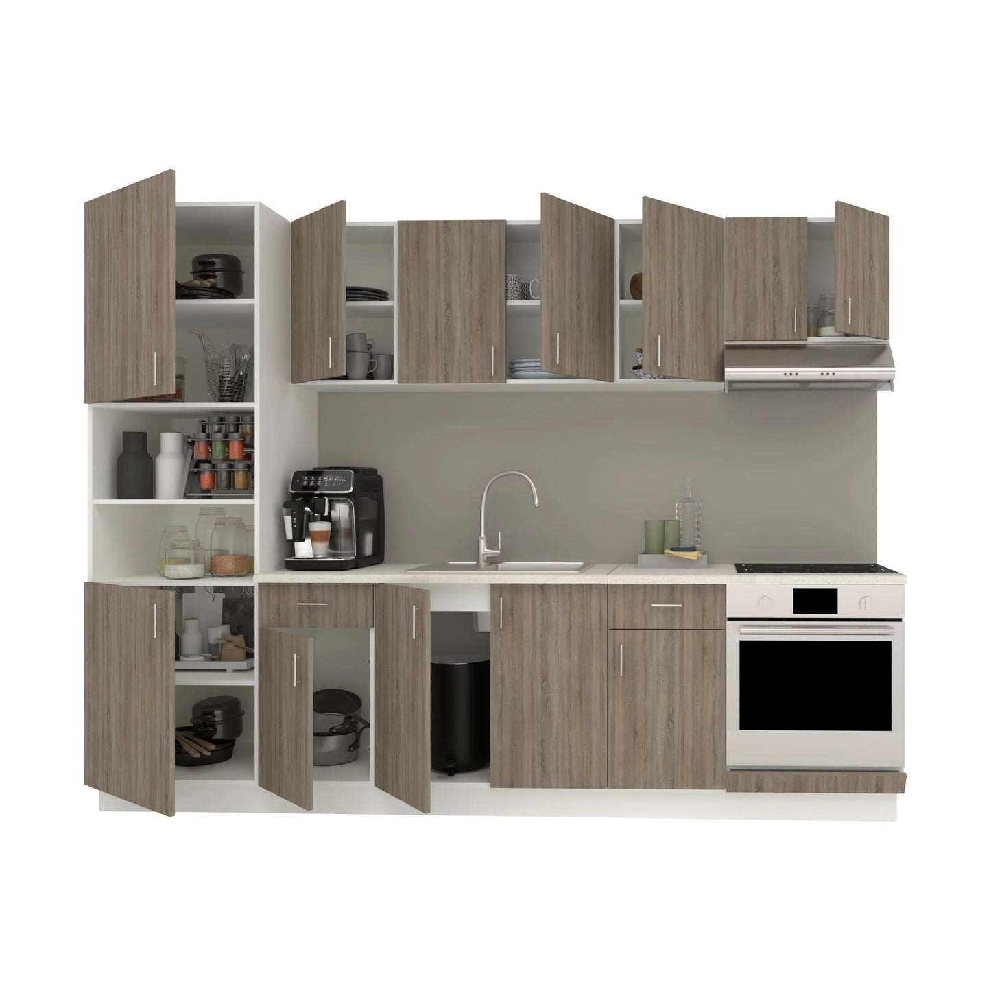 Set Bucatarie haaus Karo V24, Stejar Sonoma Inchis/Alb, Blat Thermo 28 mm, L 280 cm