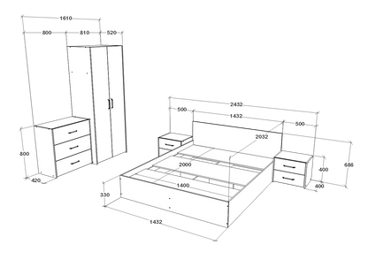 Set dormitor haaus Malmo V2, Pat 200 x 140 cm, Stejar Alb/Antracit