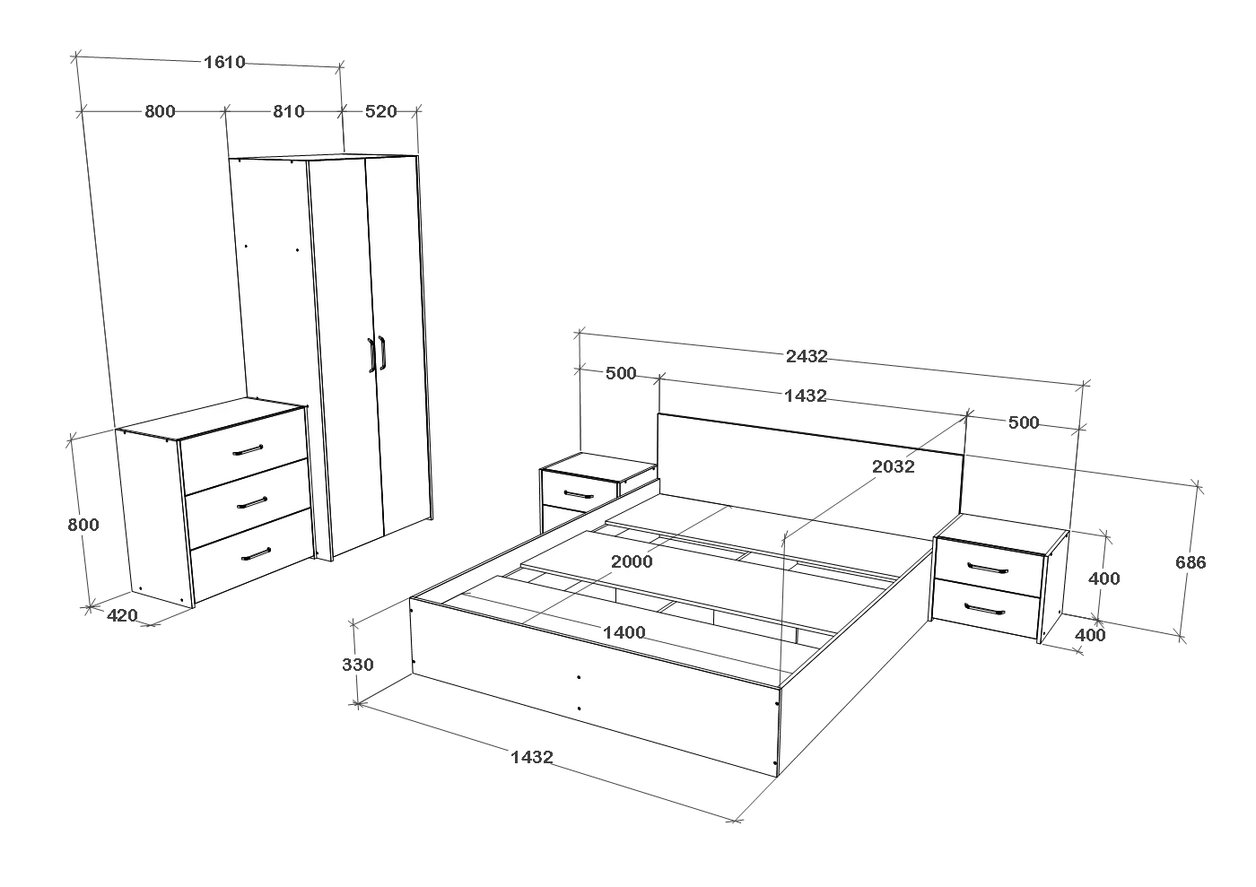 Set dormitor haaus Malmo V2, Pat 200 x 140 cm, Stejar Artisan/Argila