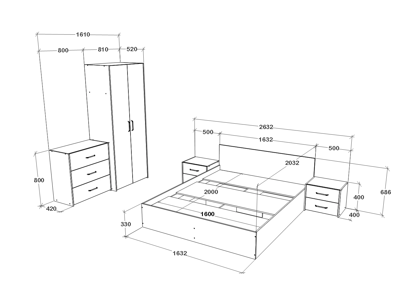 Set dormitor haaus Malmo V2, Pat 200 x 160 cm, Stejar Alb/Antracit