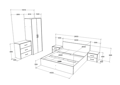 Set dormitor haaus Malmo V2, Pat 200 x 160 cm, Stejar Alb/Antracit