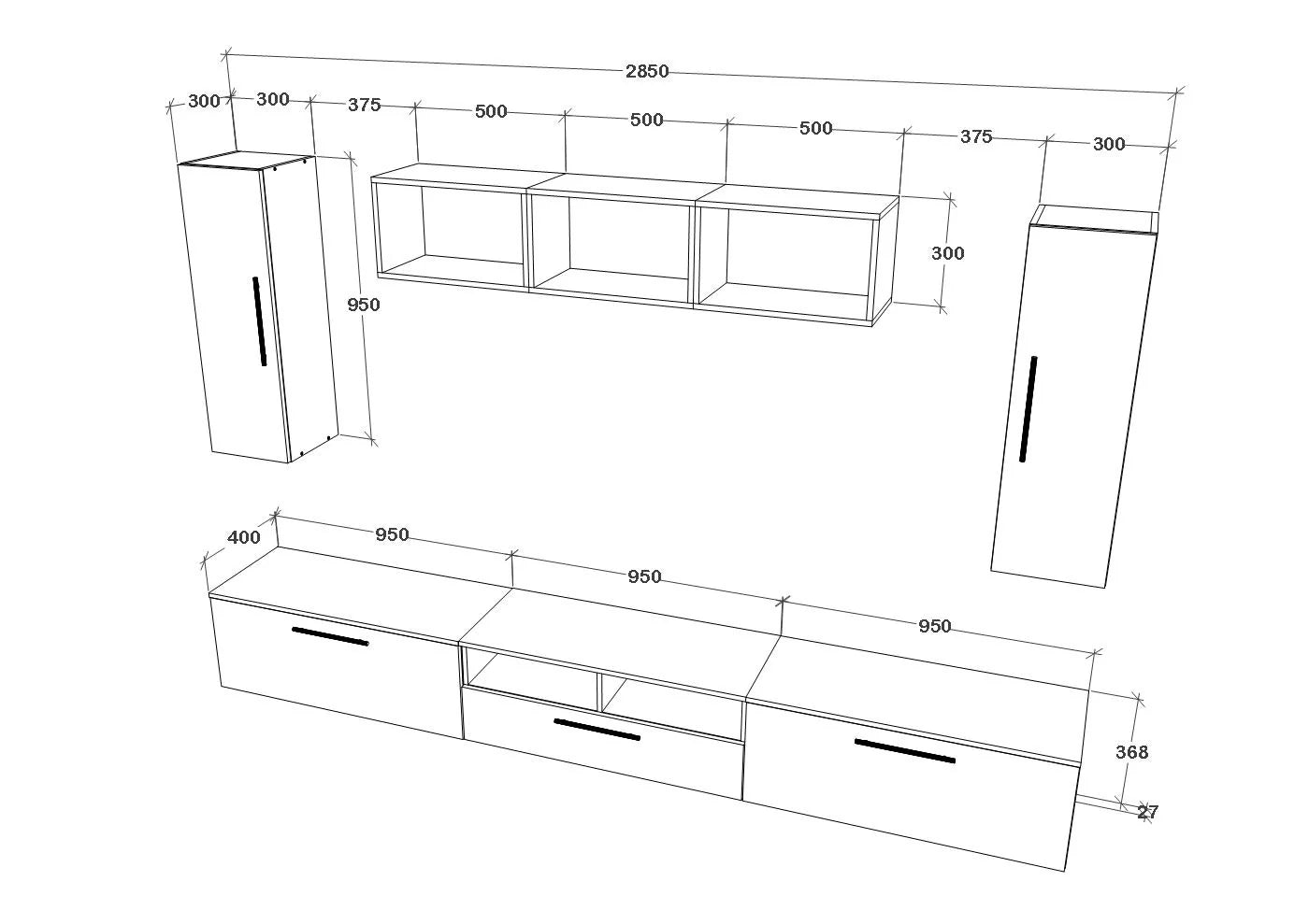 Living Kos haaus V2, Negru/Alb Lucios, MDF, L 285 cm