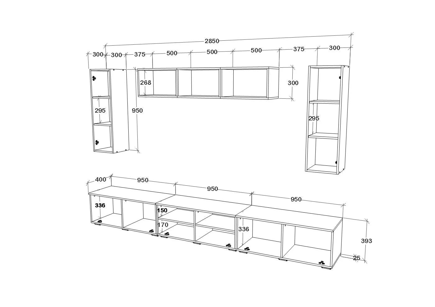 Living Kos haaus V2, Negru/Alb Lucios, MDF, L 285 cm