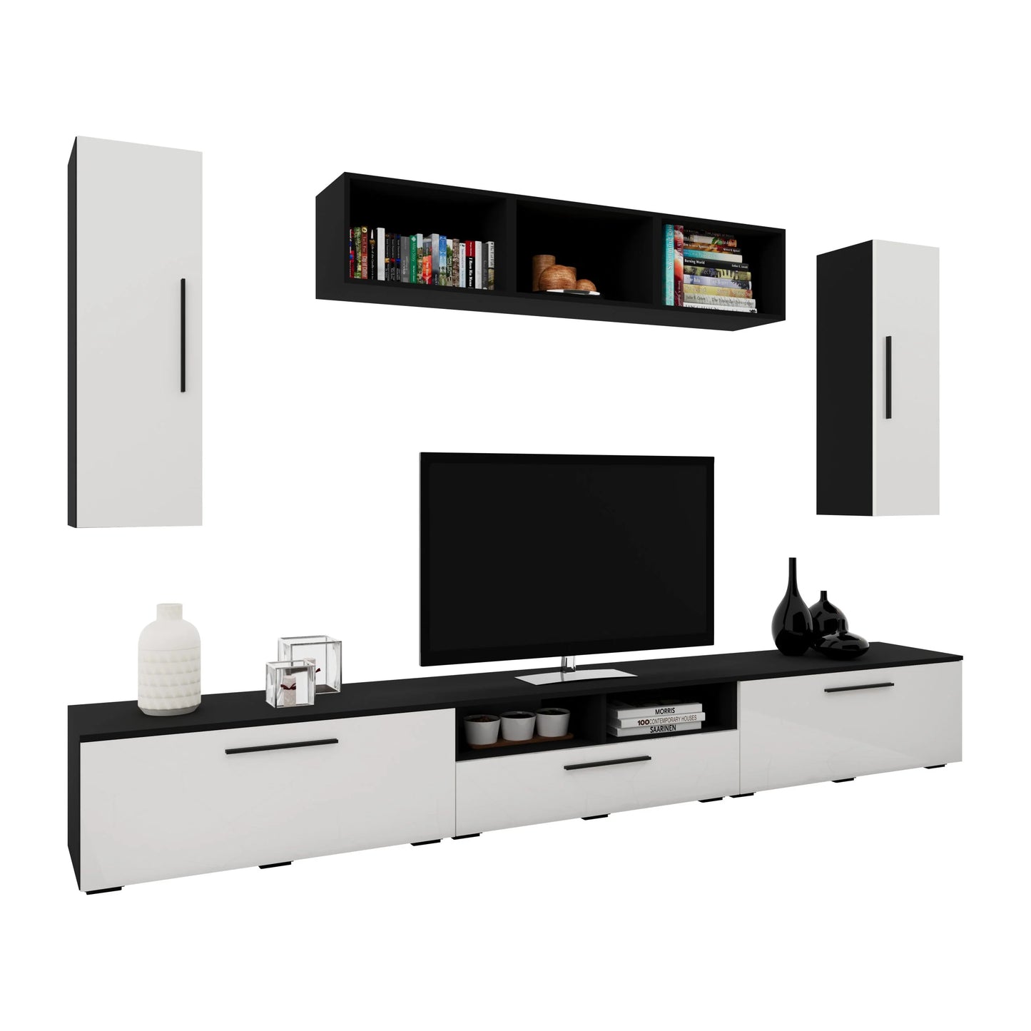 Living Kos haaus V2, Negru/Alb Lucios, MDF, L 285 cm