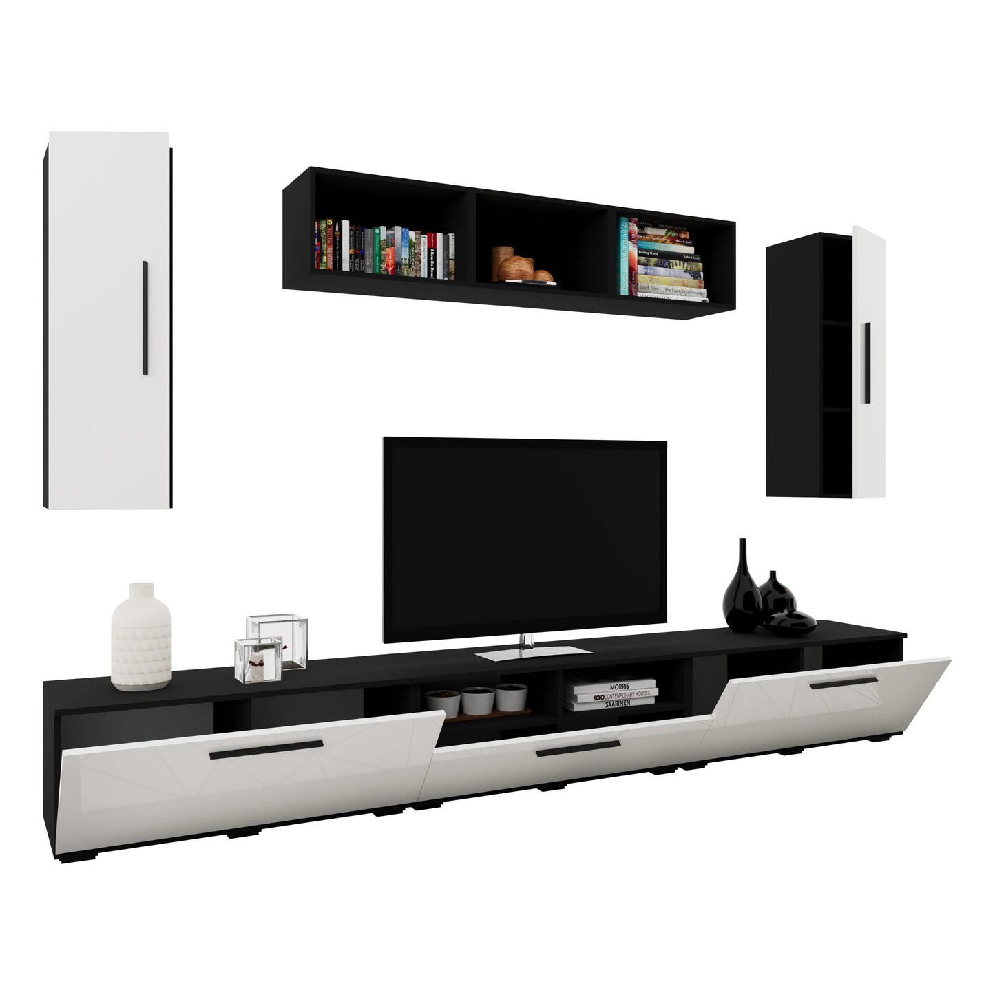Living Kos haaus V2, Negru/Alb Lucios, MDF, L 285 cm