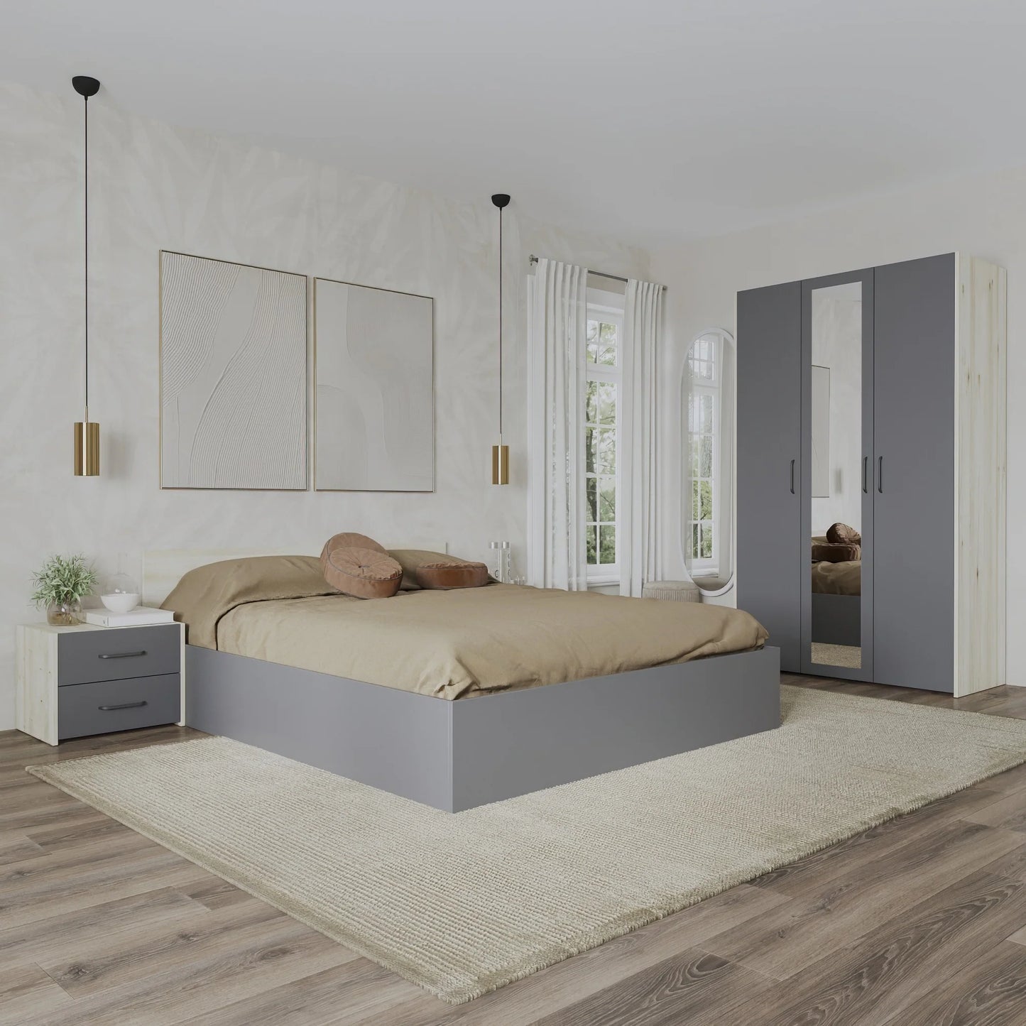 Set dormitor haaus Malmo V3, Pat 200 x 140 cm, Stejar Alb/Antracit