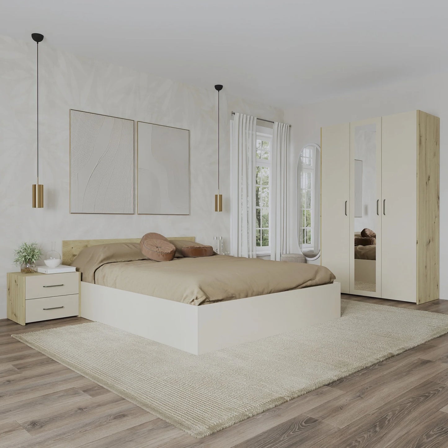Set dormitor haaus Malmo V3, Pat 200 x 140 cm, Stejar Artisan/Argila