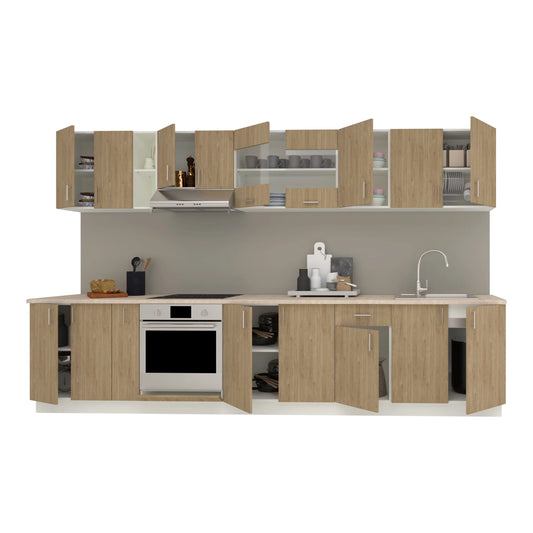 Set Bucatarie haaus Karo V32, Lemn Natural/Alb, Blat Thermo 28 mm, L 340 cm