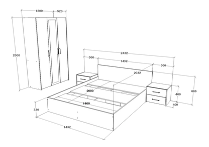 Set dormitor haaus Malmo V3, Pat 200 x 140 cm, Stejar Artisan/Argila