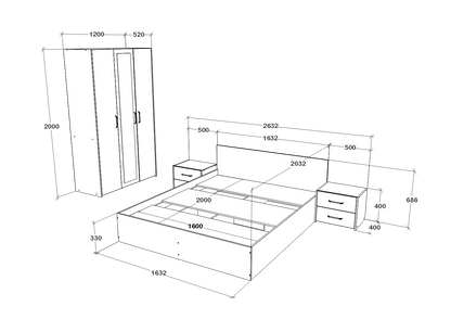 Set dormitor haaus Malmo V3, Pat 200 x 160 cm, Stejar Alb/Antracit