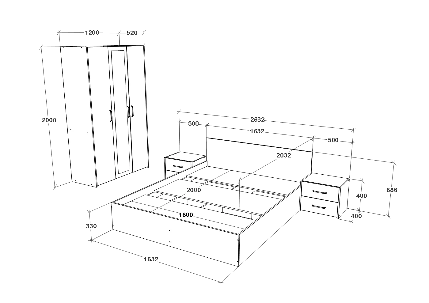 Set dormitor haaus Malmo V3, Pat 200 x 160 cm, Stejar Artisan/Argila