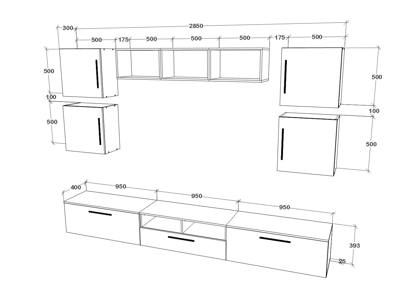 Living Kos haaus V3, Negru/Alb Lucios, MDF, L 285 cm