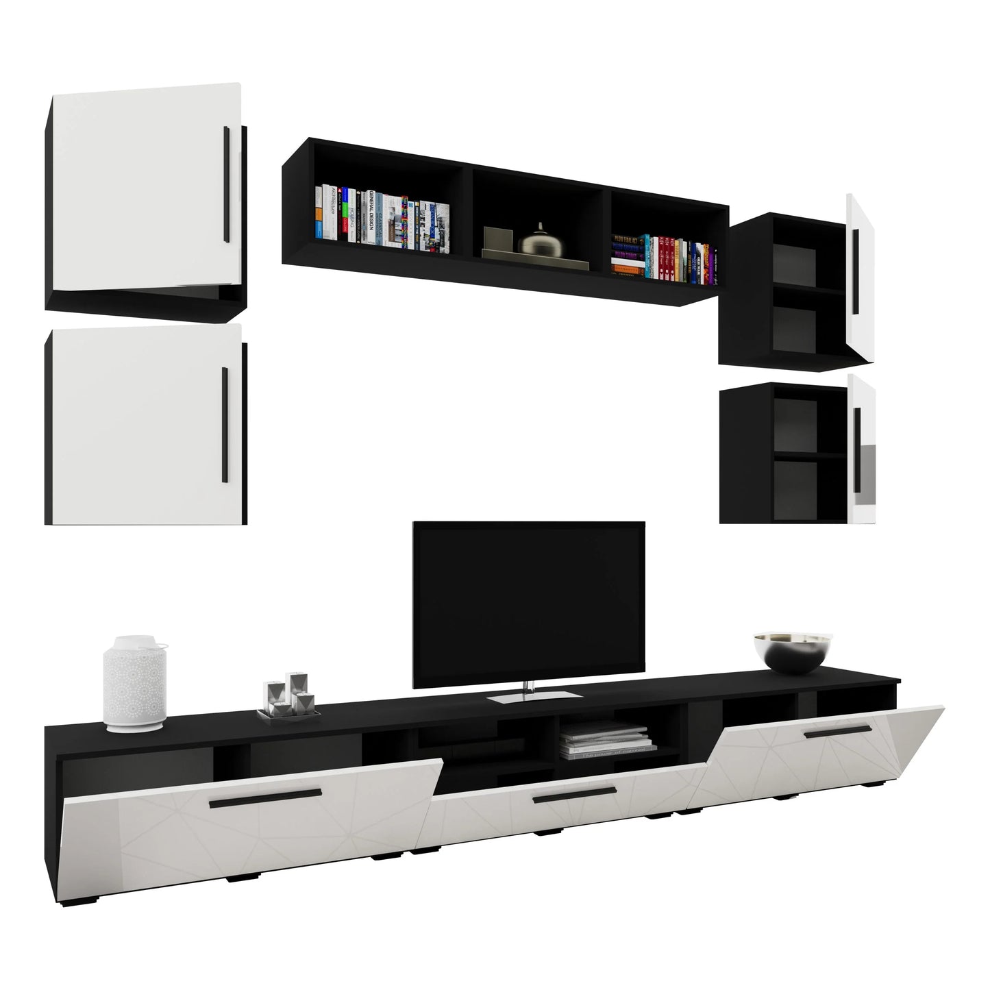 Living Kos haaus V3, Negru/Alb Lucios, MDF, L 285 cm