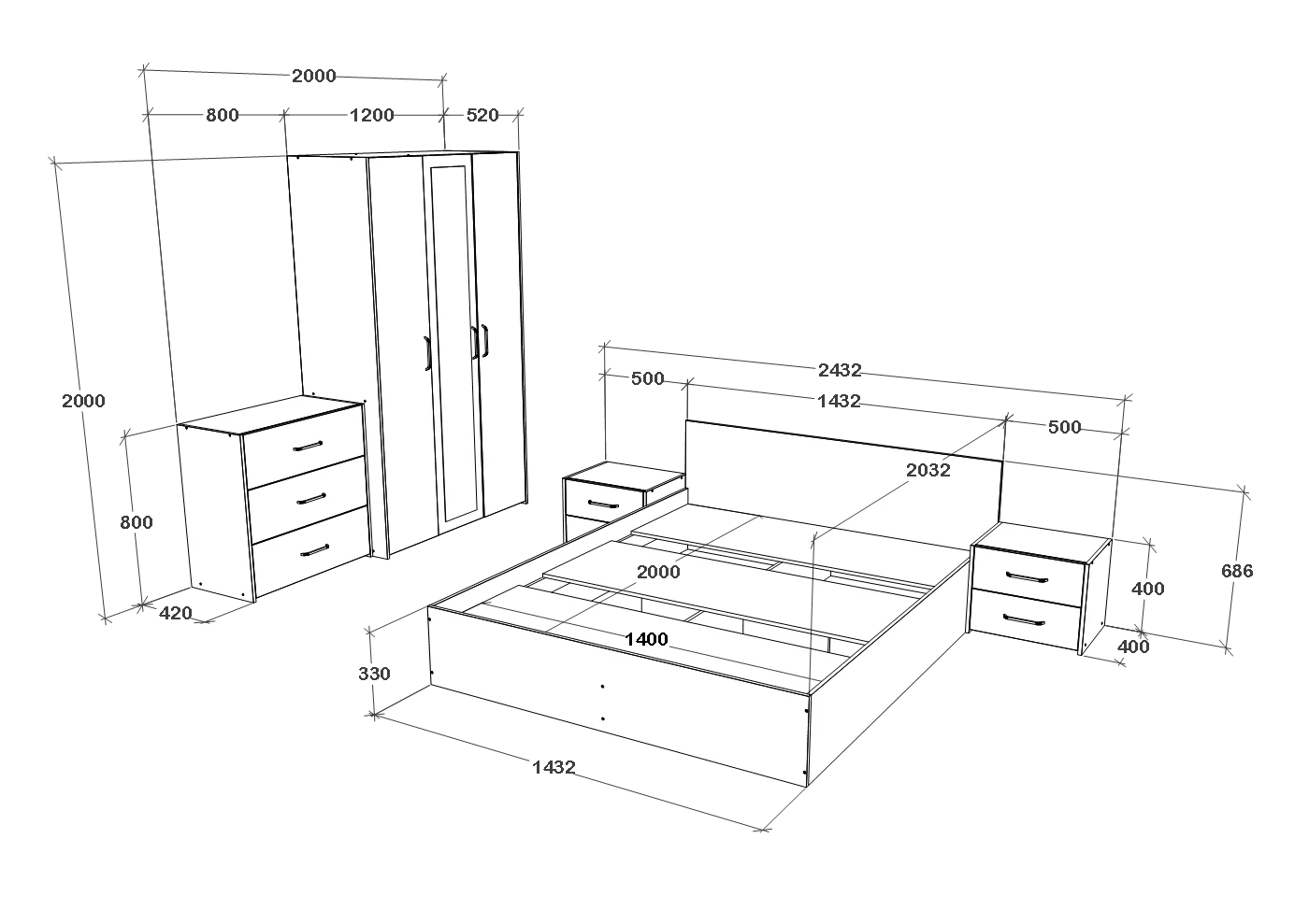 Set dormitor haaus Malmo V4, Pat 200 x 140 cm, Stejar Artisan/Argila