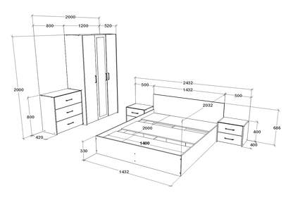 Set dormitor haaus Malmo V4, Pat 200 x 140 cm, Stejar Artisan/Argila