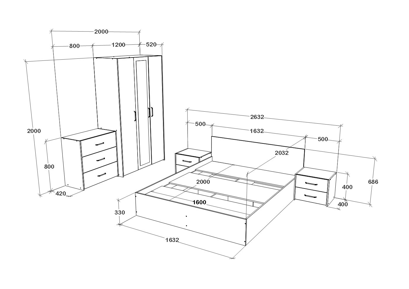 Set dormitor haaus Malmo V4, Pat 200 x 160 cm, Stejar Alb/Antracit