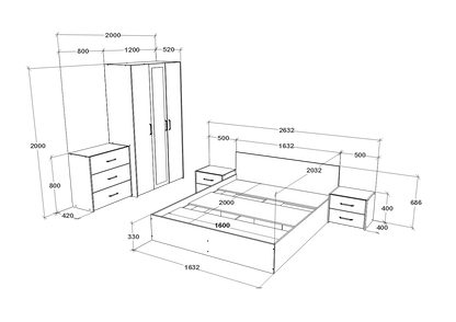 Set dormitor haaus Malmo V4, Pat 200 x 160 cm, Stejar Alb/Antracit