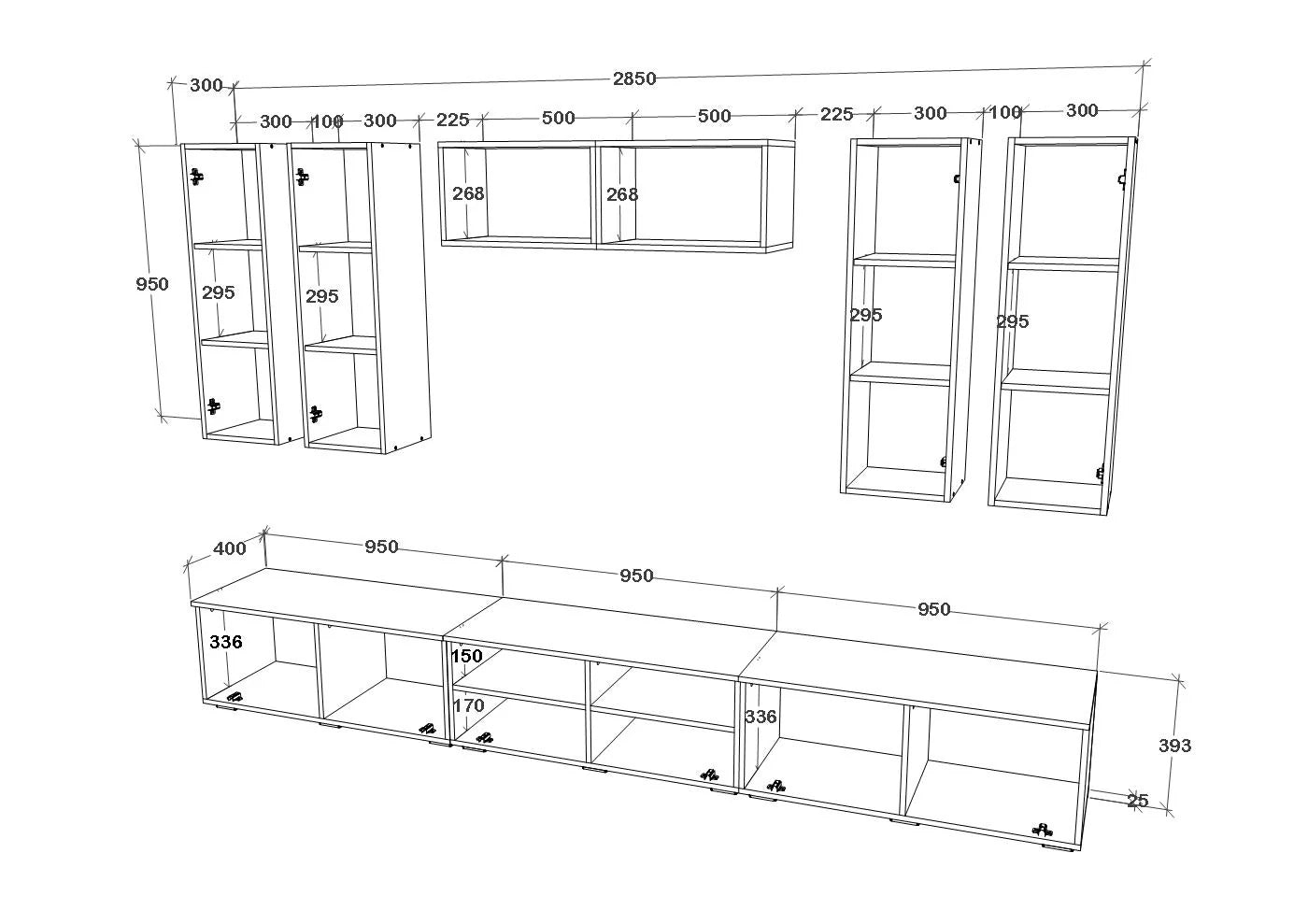 Living Kos haaus V4, Negru/Alb Lucios, MDF, L 285 cm