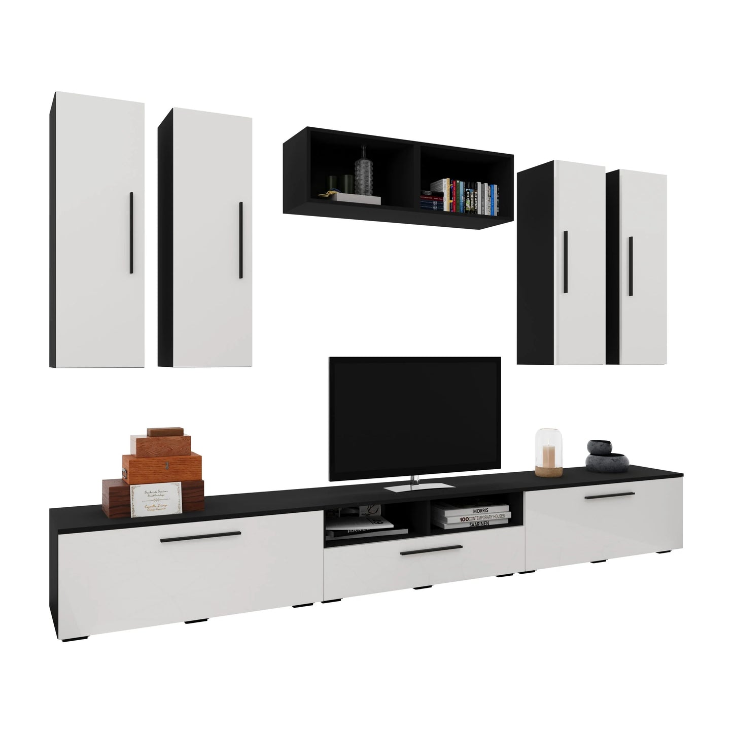 Living Kos haaus V4, Negru/Alb Lucios, MDF, L 285 cm