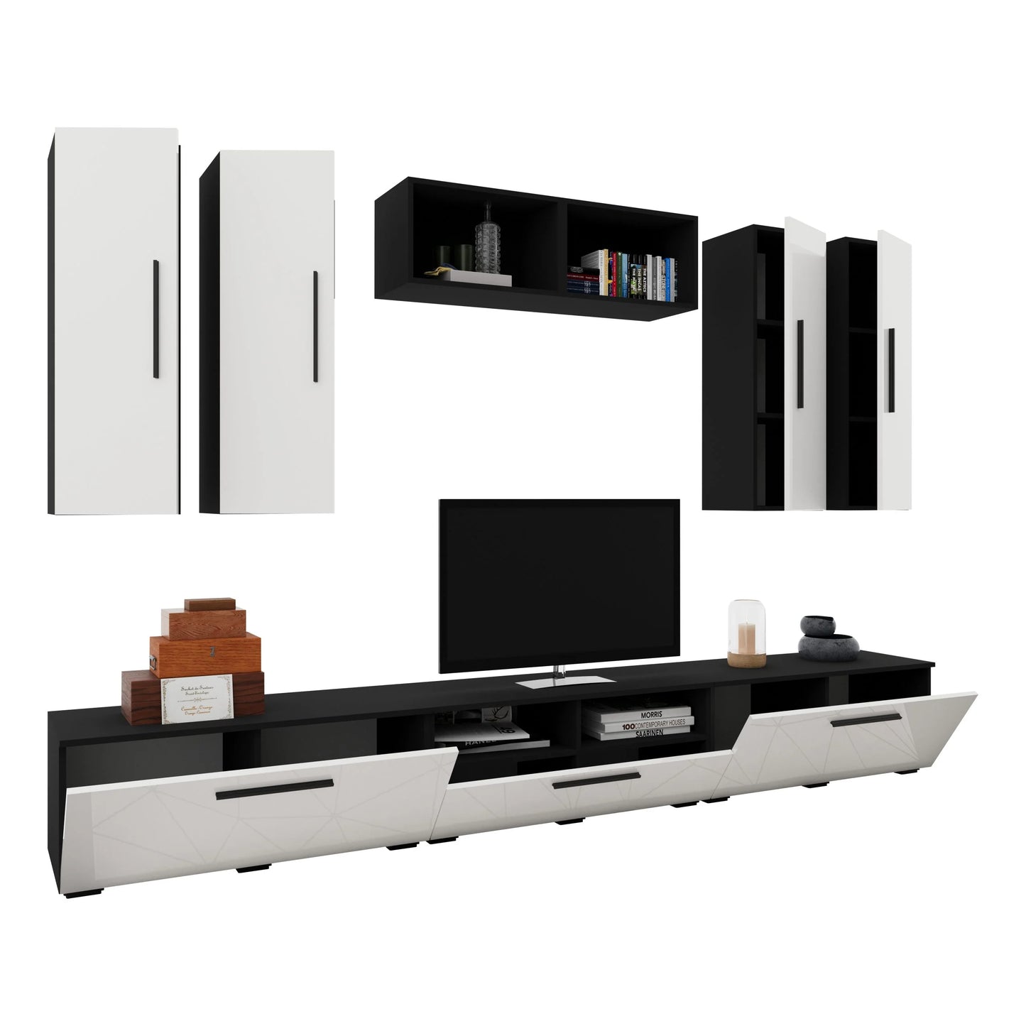 Living Kos haaus V4, Negru/Alb Lucios, MDF, L 285 cm