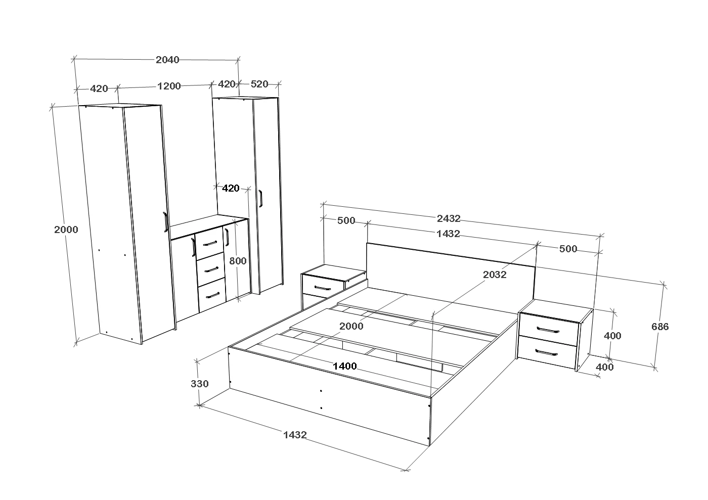 Set dormitor haaus Malmo V5, Pat 200 x 140 cm, Stejar Alb/Antracit