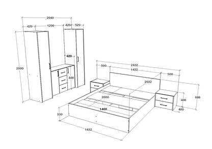 Set dormitor haaus Malmo V5, Pat 200 x 140 cm, Stejar Artisan/Argila
