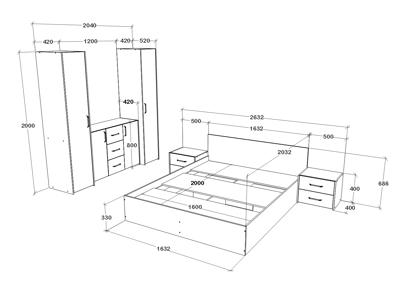 Set dormitor haaus Malmo V5, Pat 200 x 160 cm, Stejar Artisan/Argila