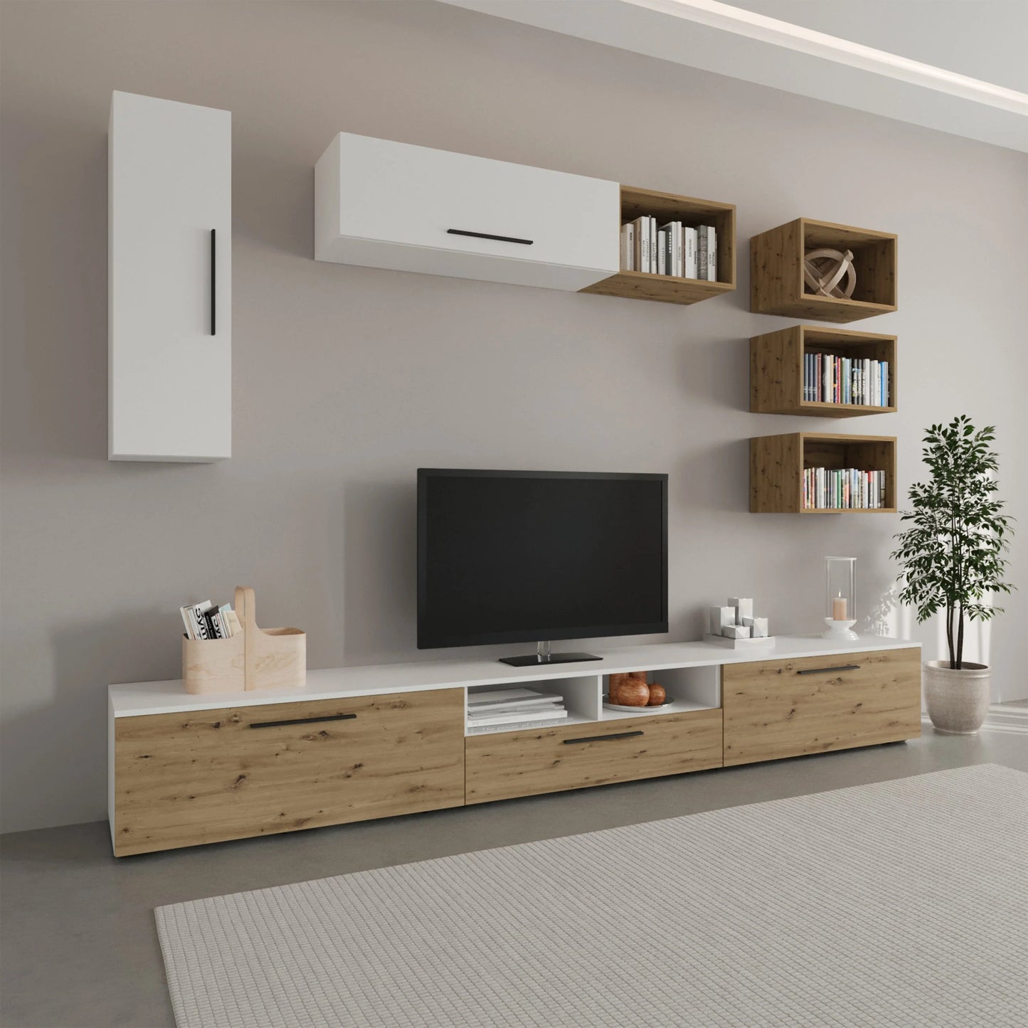 Living Kos haaus V5, Alb/Stejar Artisan, L 285 cm